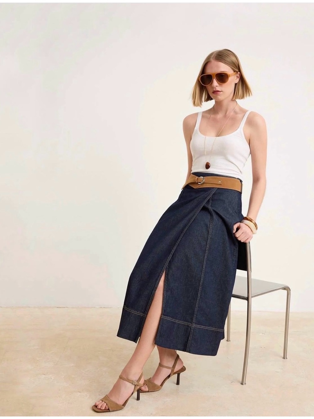 Zara Dark Blue Denim Midi Skirt with Front Slit